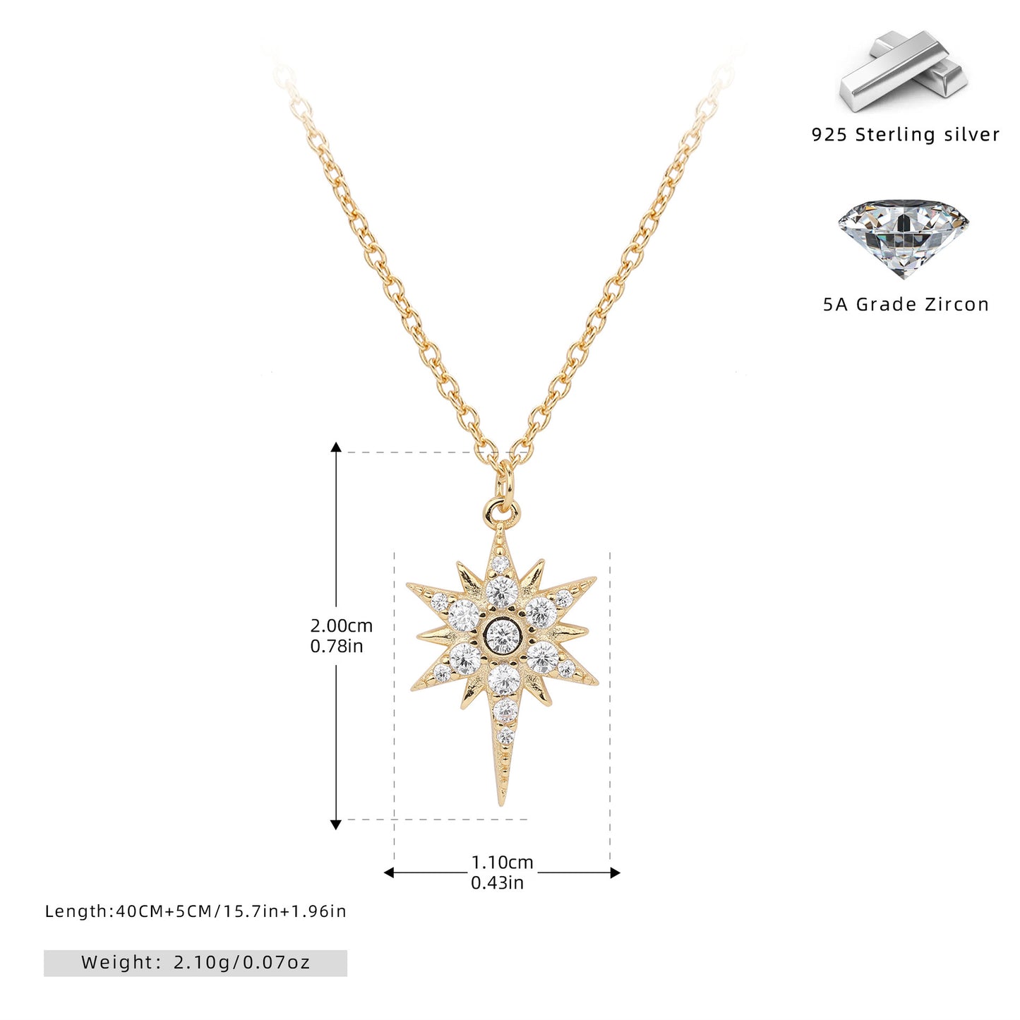 S925 Sterling Silver Inlaid Stone Eight-pointed Stars Pendant Necklace