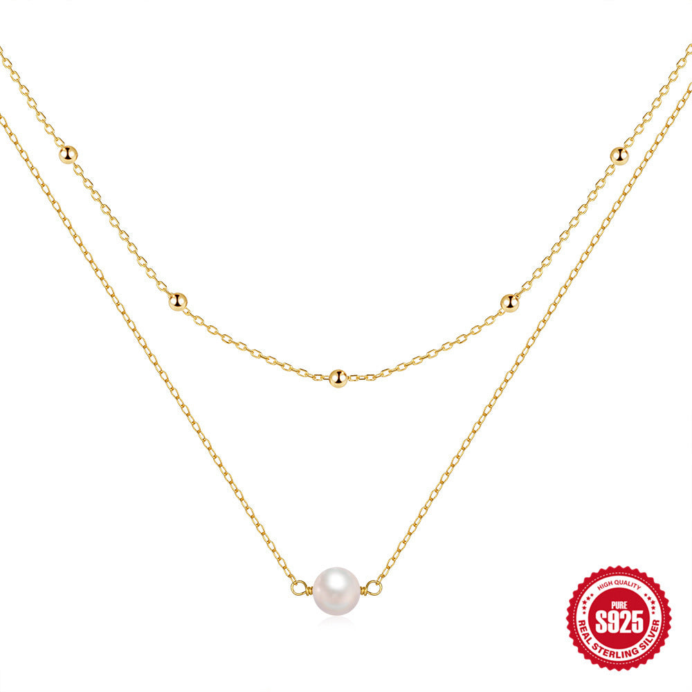 S925 Sterling Silver Temperamental Double Layer Twin Pearl Necklace For Women