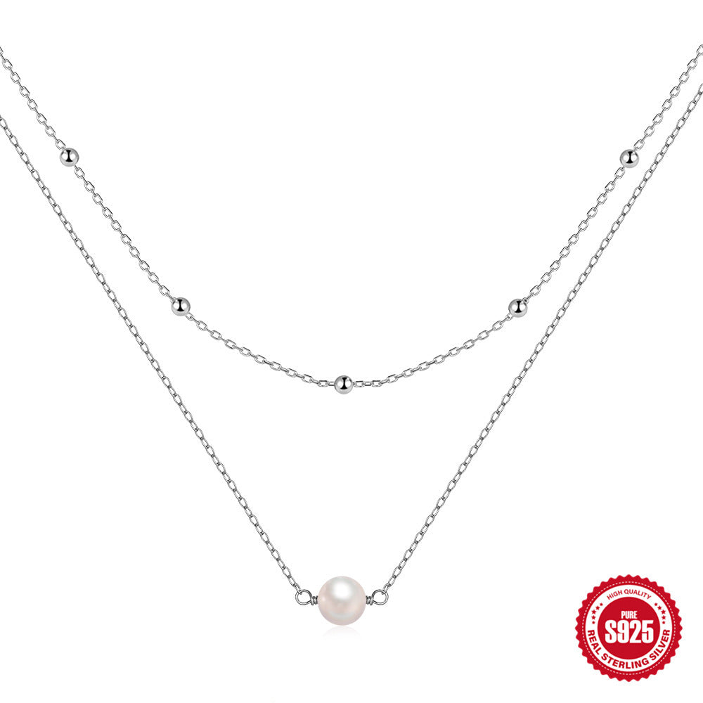 S925 Sterling Silver Temperamental Double Layer Twin Pearl Necklace For Women