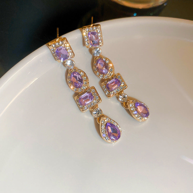 Temperament Silver Ear Studs Diamond Square Oval Water Drop Earrings