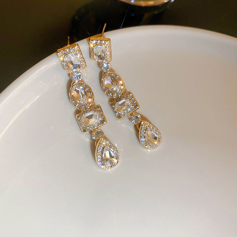Temperament Silver Ear Studs Diamond Square Oval Water Drop Earrings