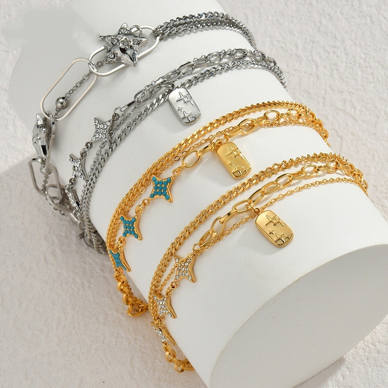 Retro Style Diamond Eight-pointed Stars Titanium Steel Bracelet
