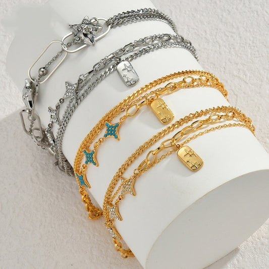 Retro Style Diamond Eight-pointed Stars Titanium Steel Bracelet