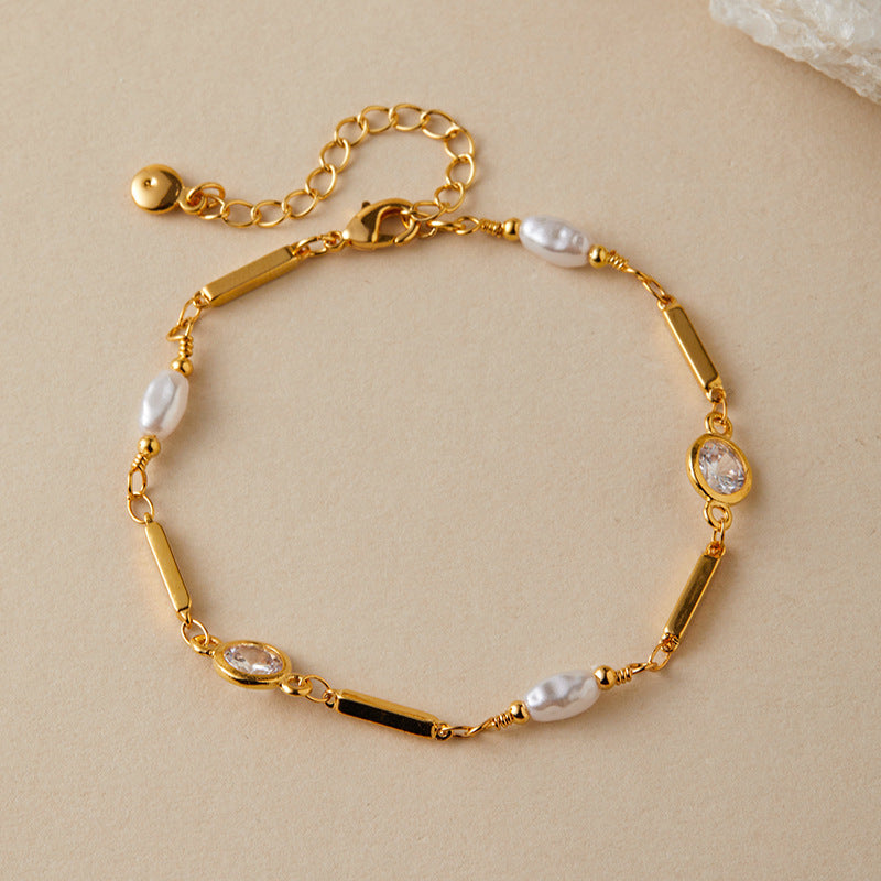 Copper Plating 18K Real Gold Color Retaining Inlaid Zircon Exquisite ABS Pearl Bracelet