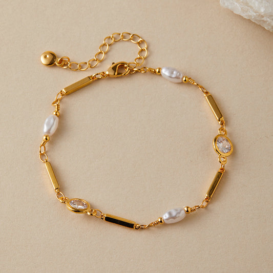 Copper Plating 18K Real Gold Color Retaining Inlaid Zircon Exquisite ABS Pearl Bracelet