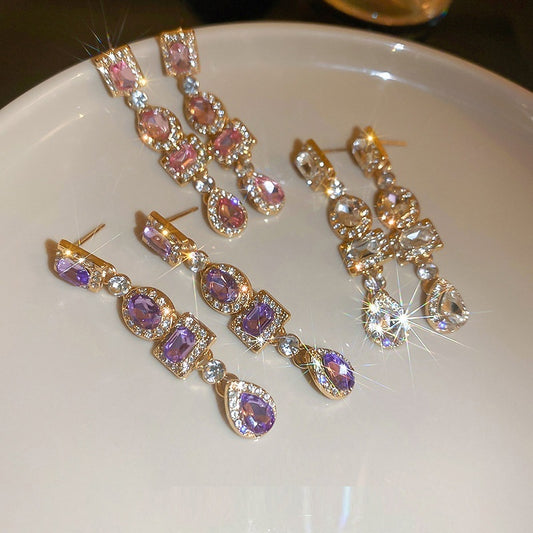 Temperament Silver Ear Studs Diamond Square Oval Water Drop Earrings