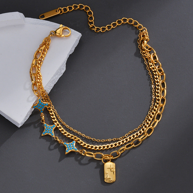 Retro Style Diamond Eight-pointed Stars Titanium Steel Bracelet